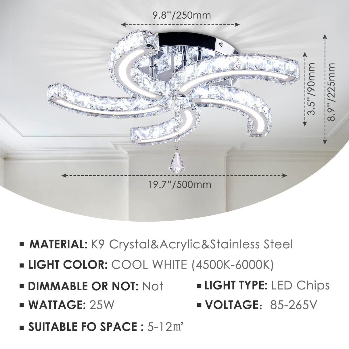 Cainjiazh Modern Crystal Chandeliers Acrylic Crystal Led Ceiling Light Fixtures Arm Pendant Lighting Stainless Steel Ceiling Lamp Hanging Lights for Living Room Dining Room Bedroom (Cold White) Cainjiazh
