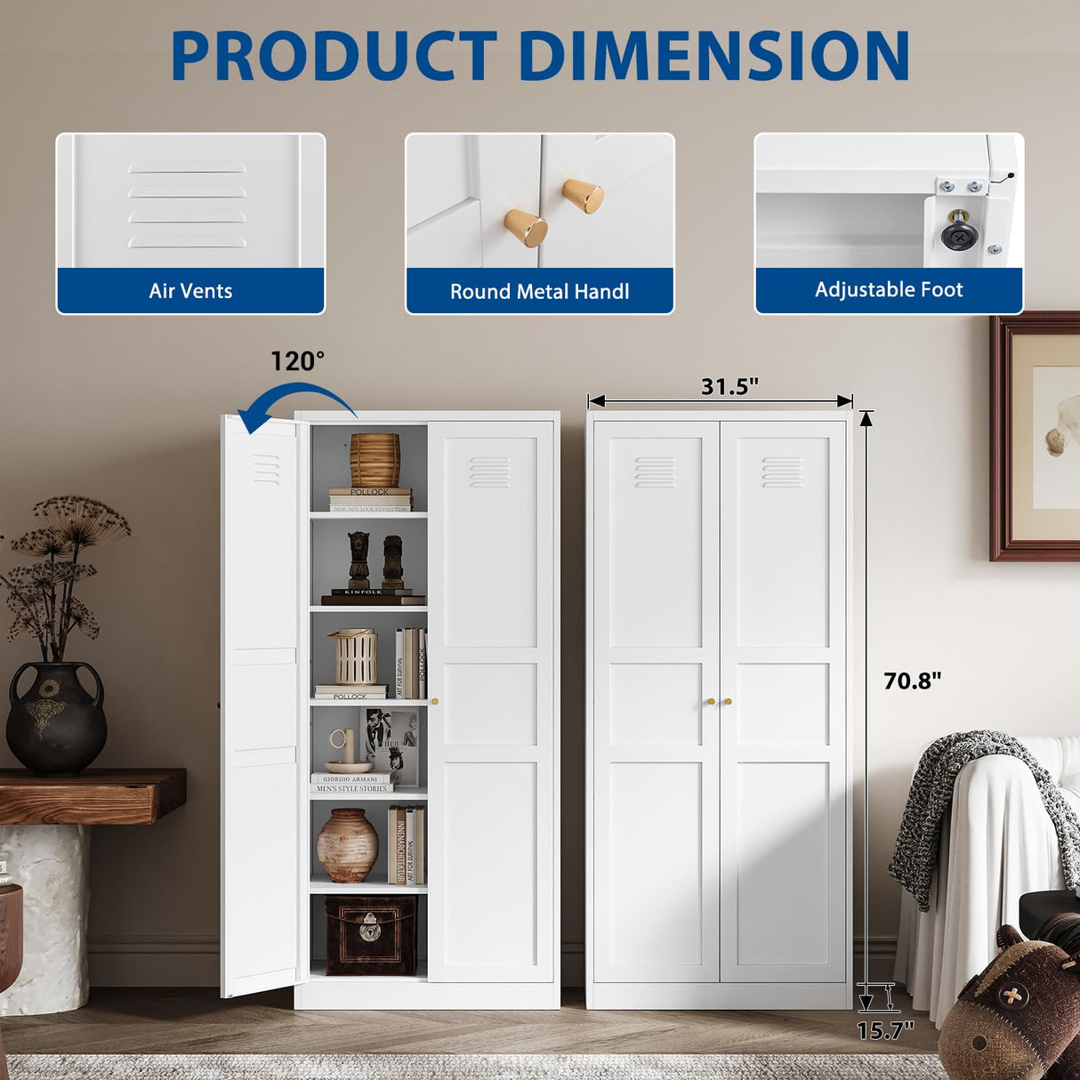 Fesbos Metal Storage Cabinet-71” Tall Steel File Cabinets with Doors and 5 Adjustable Shelves-White Steel Storage Cabinet for Home,Kitchen, School, Office, Garage Fesbos