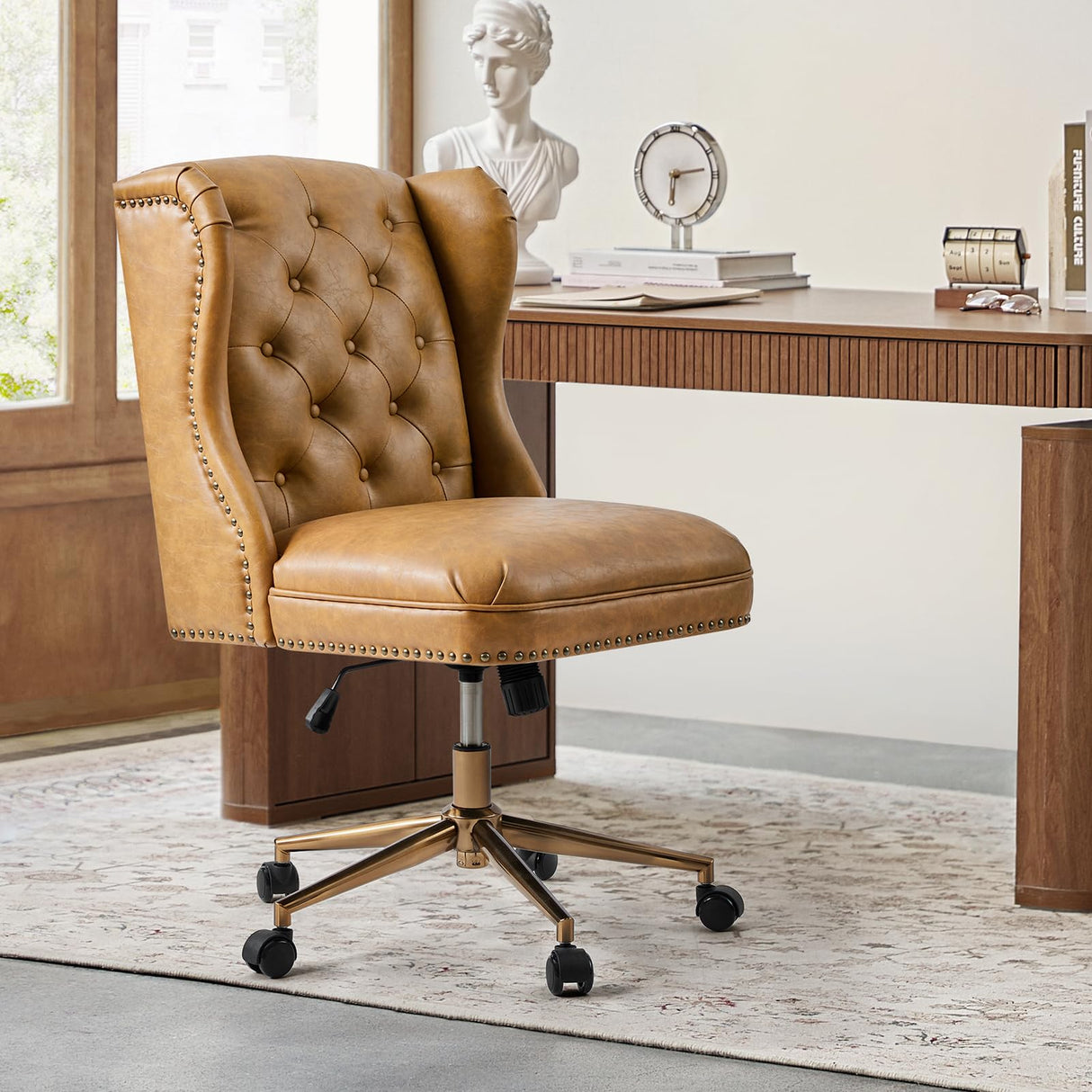 HULALA HOME Modern Faux Leather Desk Chair with Button Tufted Wingback, Adjustable Swivel Computer Chair with Nailhead Trim, Upholstered Task Chair for Home Office, Camel HULALA HOME