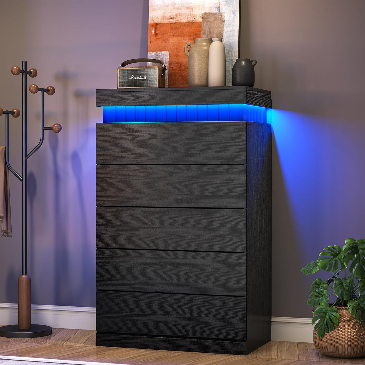 UPOSOJA Tall Black Dresser for Bedroom, Modern 5 Wood Drawers with LED Light and Power Outlet, Floating Dressers for Closet, Large Chest of Drawer for Living Room, Hallway, Entryway UPOSOJA