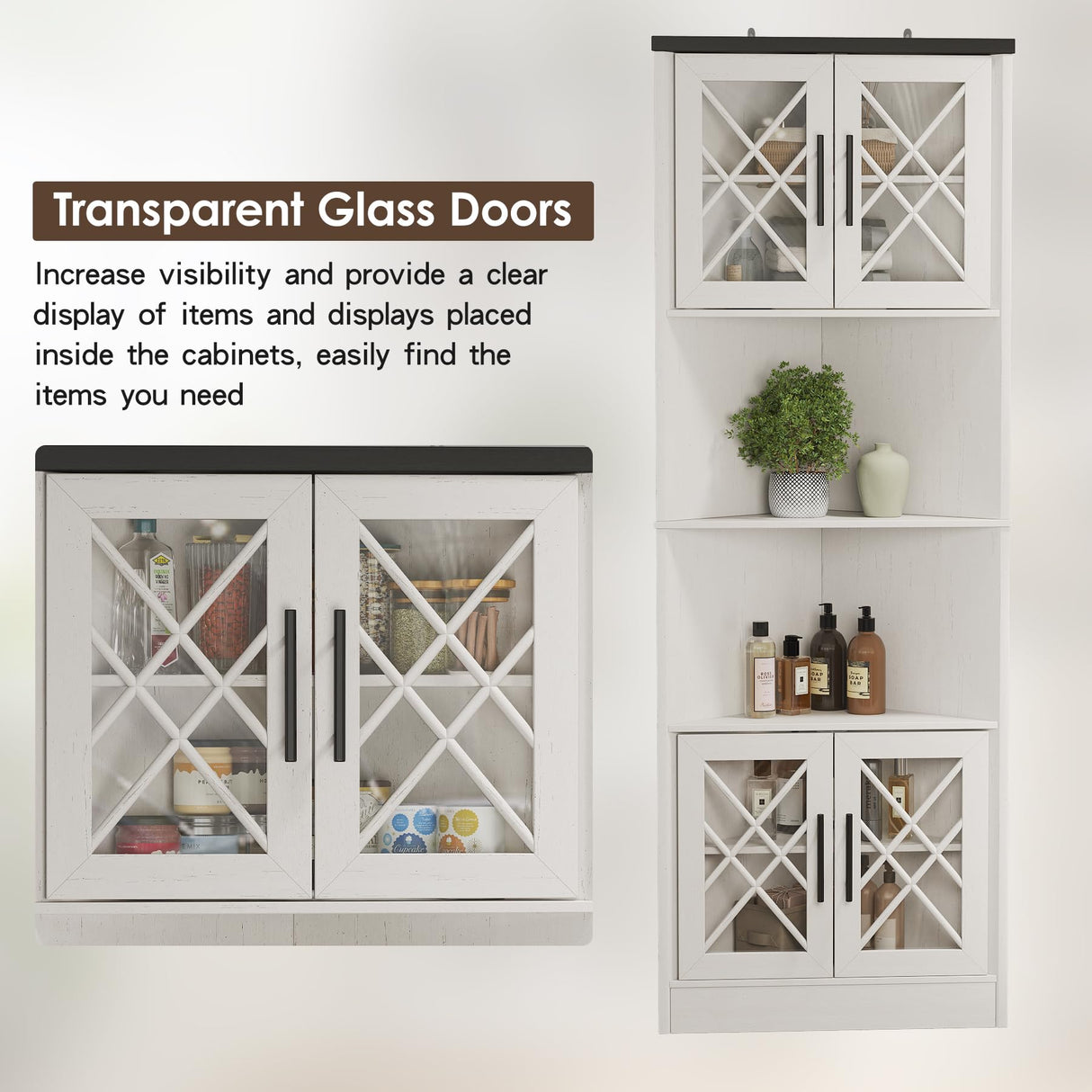 Maupvit White Corner Hutch with 4 Tempered Glass Doors, 67" Tall Farmhouse Corner Storage Cabinet, Kitchen Pantry Hutch with Adjustable Shelf, Home Space Saver for Laundry Room, Dining Living Room Maupvit