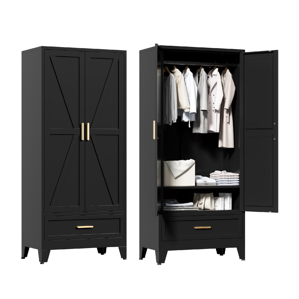 Washsemba 71'' Black Farmhouse Metal Wardrobe Cabinet with Hanging Rod, 2 Barn Door Wardrobe Closet with Adjustable Shelves,Drawer,for Dining Room,Bedroom,Living Room, Cloak Room,Office Washsemba