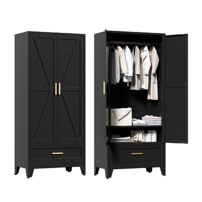 Washsemba 71'' Black Farmhouse Metal Wardrobe Cabinet with Hanging Rod, 2 Barn Door Wardrobe Closet with Adjustable Shelves,Drawer,for Dining Room,Bedroom,Living Room, Cloak Room,Office