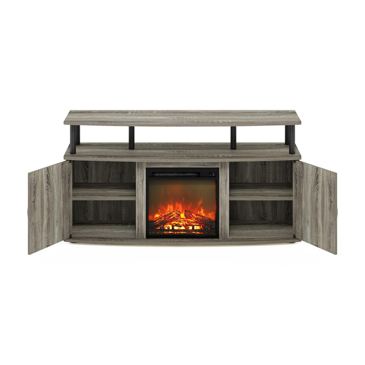 Furinno Jensen Living Room Fireplace TV Entertainment Center with Doors Storage Cabinet for TV up to 55 Inch, French Oak Grey/Black Furinno