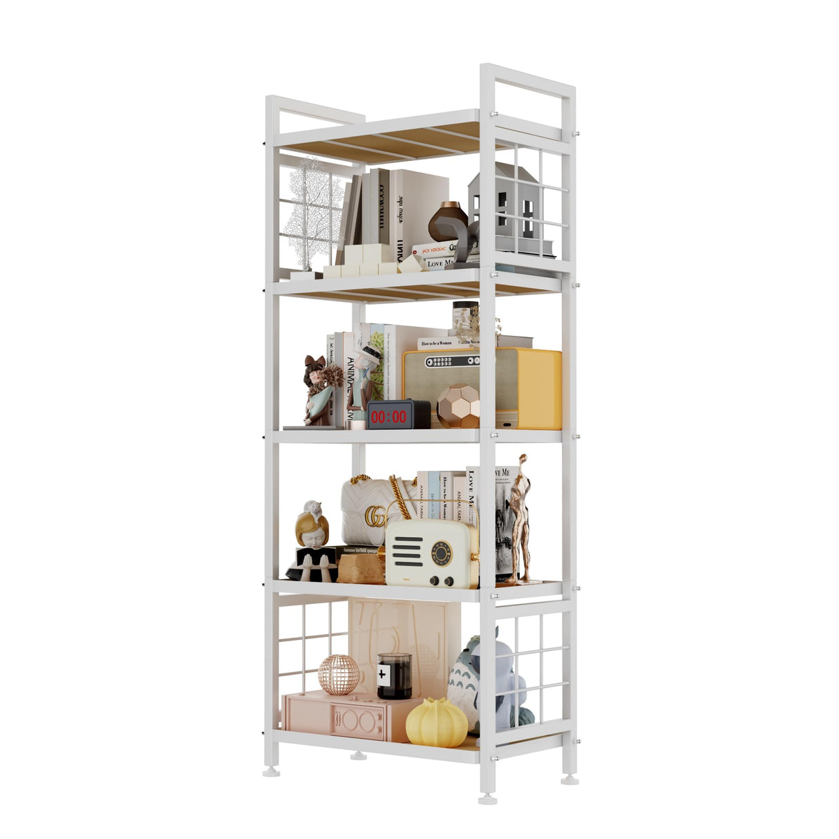 GIOTORENT 5-Tier Pantry Shelves with Wooden Boards, Heavy Duty Storage Shelves & Book Shelf, Adjustable Metal Shelving Unit for Kitchen Bathroom Laundry Organizer, Sturdy Rust-Resistant, White