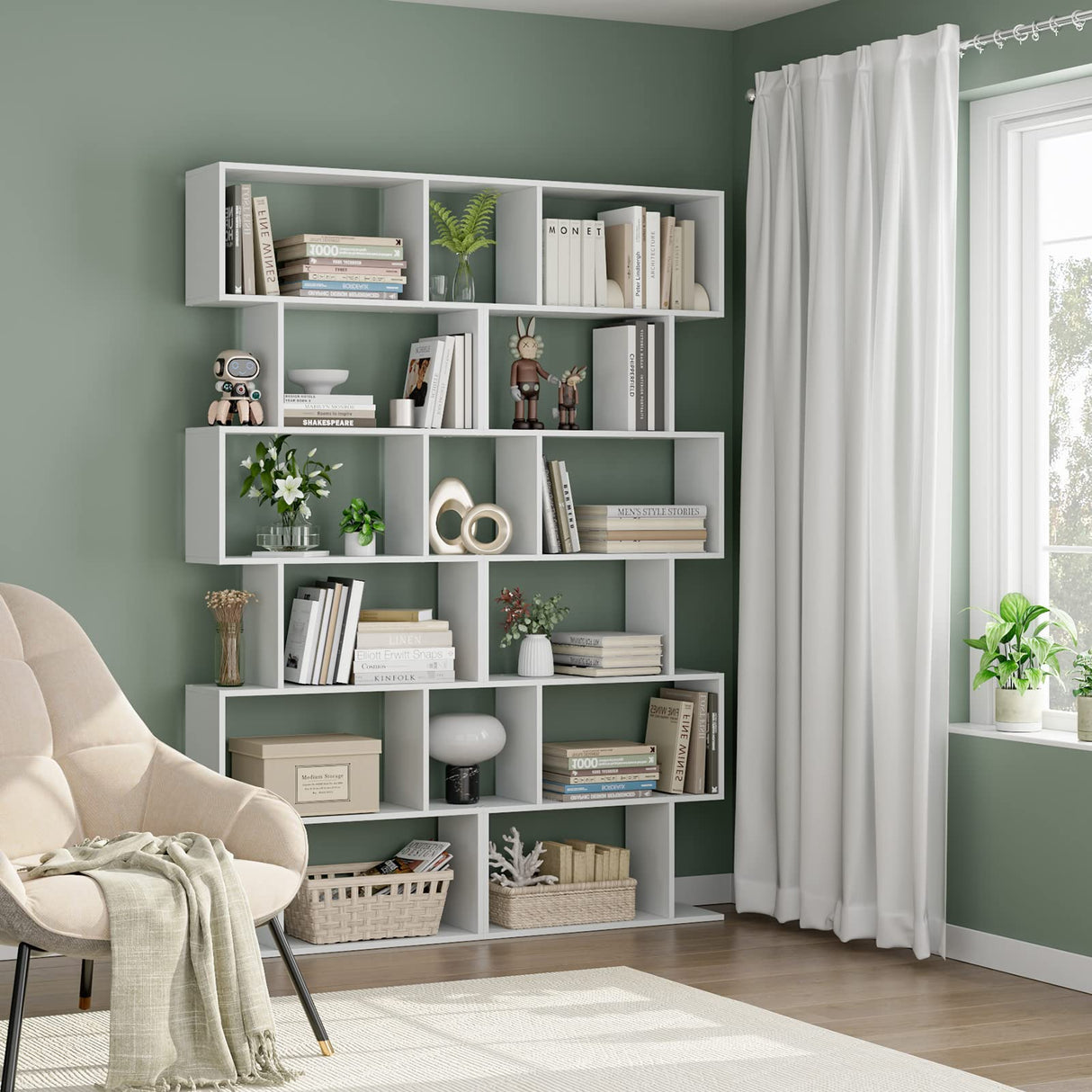 FOTOSOK S-Shaped 6-Tier White Bookcase - Modern Freestanding Display Shelf for Any Room FOTOSOK