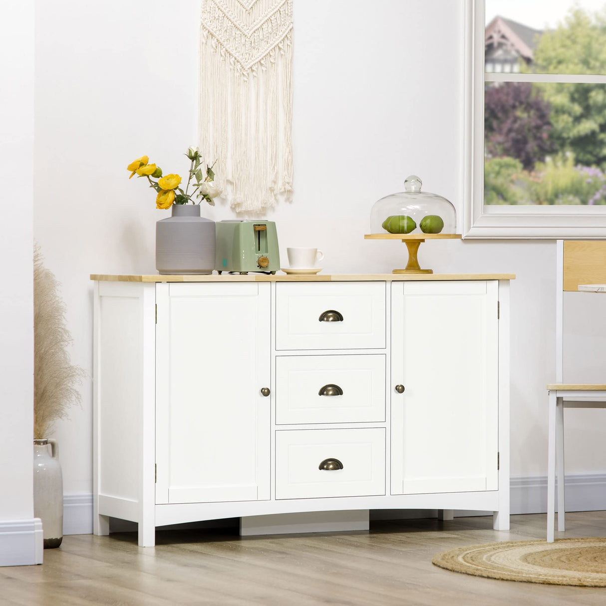 HOMCOM Sideboard Buffet Cabinet, Retro Kitchen Cabinet, Coffee Bar Cabinet with Rubber Wood Top, Drawers, Adjustable Shelves for Living Room, Entryway, White HOMCOM