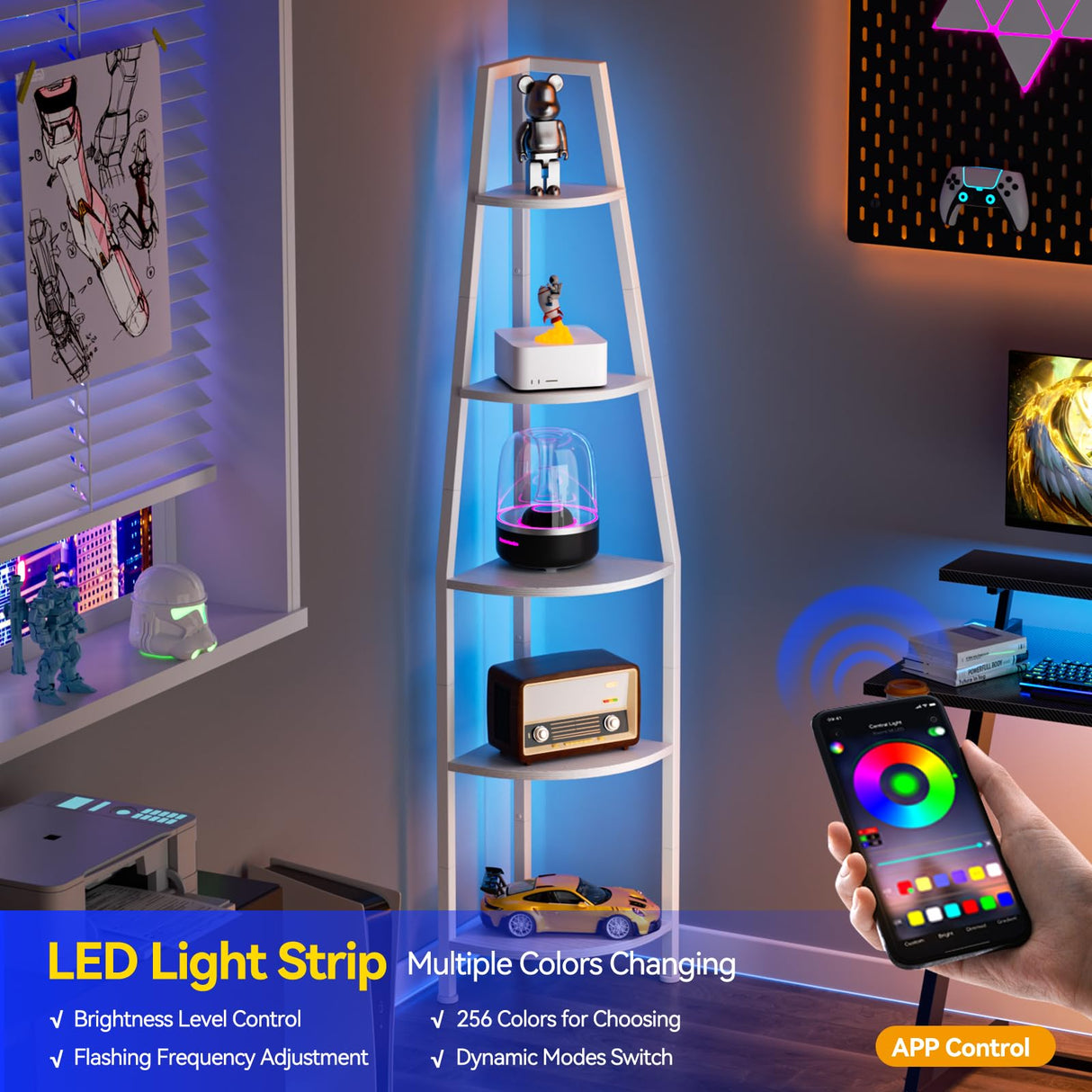 Furnulem 5 Tier Corner Shelf with LED Light, 67.2” Tall Standing Shelf for Wall Corner, Narrow Bookshelf Ladder Shelf for Bedroom, Living Room, Plant, Wood Storage Rack, Metal Frame (White) Furnulem