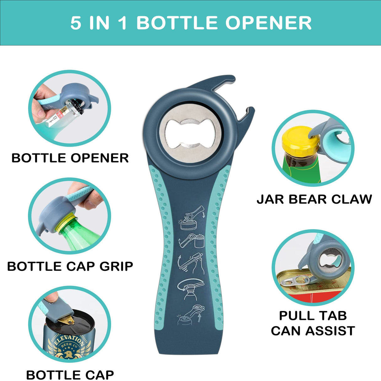 Jar Opener for Weak Hands, Seniors with Arthritis, 5 in 1 Multi Function Bottle Opener Lid Opener For Arthritic Hands with Non Slip Rubber Jar opener Gripper Pad HUMANFUN