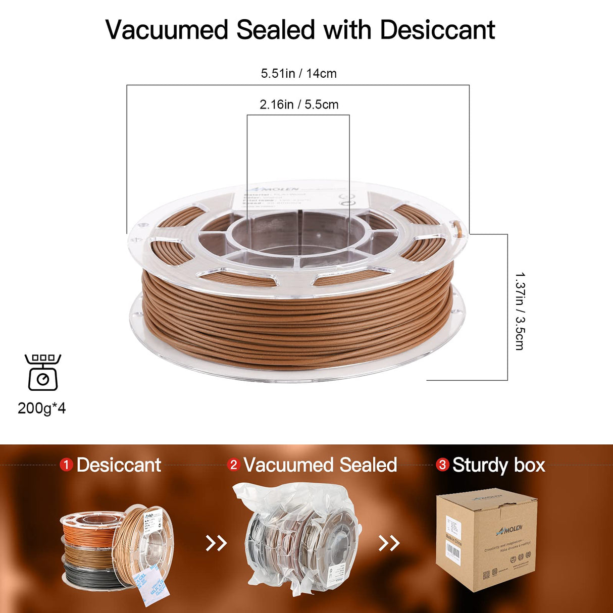 AMOLEN Wood Filament Bundle 3D Printing Filament Wood Sets,Walnut,Cherry Wood,Bamboo Wood,Ebony Black Wood,3D Printer Filament,PLA Filament 1.75mm,200g/Spool AMOLEN