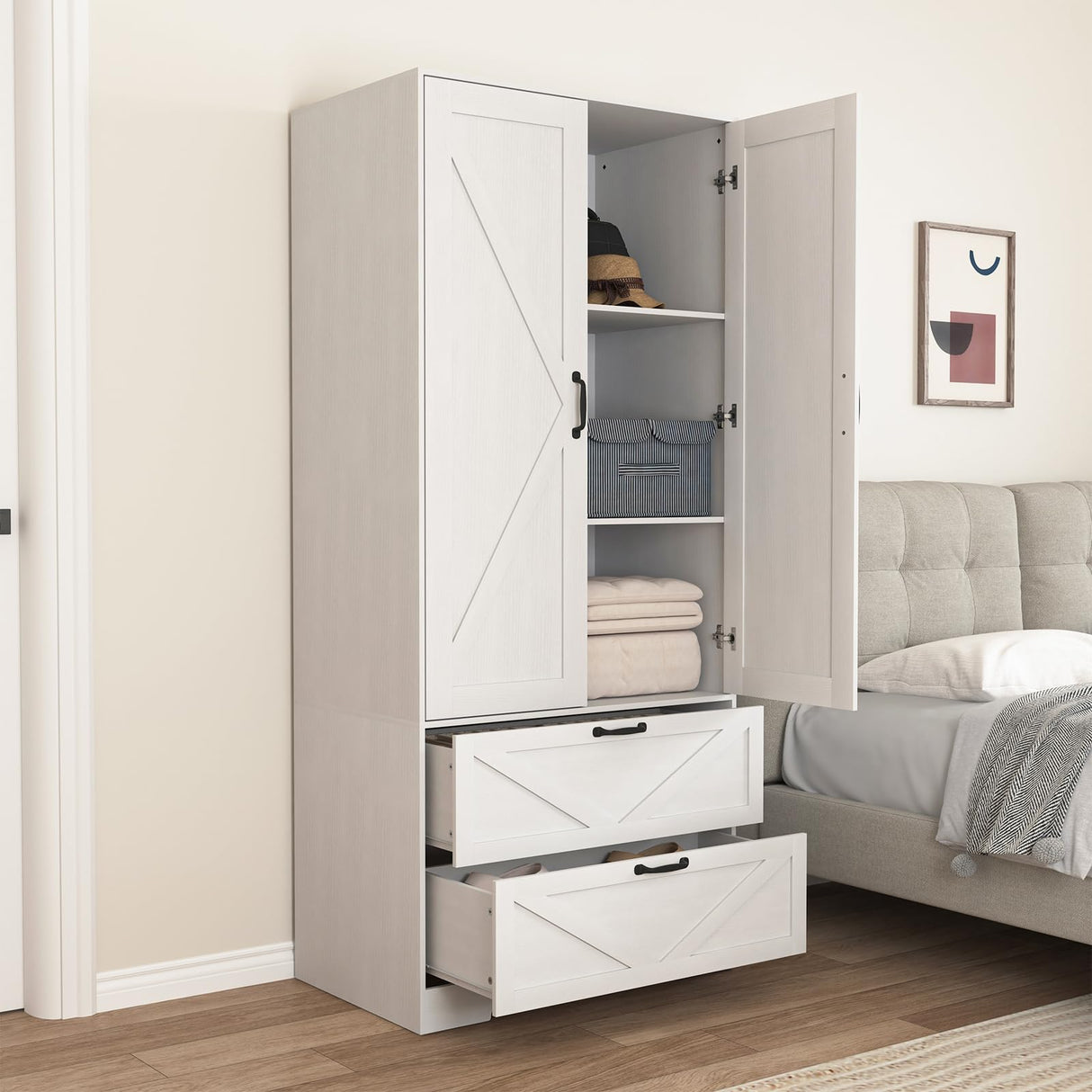 Armoire Wardrobe Closet, 72'' Wardrobe Cabinet with 2 Drawers & Mirror, 2 Doors Bedroom Clothes Closet with Hanging Rod & Built-in Light, Wooden Wardrobe Cabinet with Adjustable Shelf for Bedroom Rumiiro