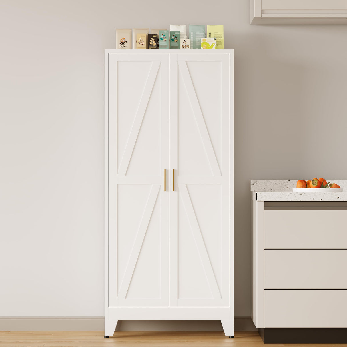 COFaR Metal Storage Cabinet, 61 in Tall Metal Cabinet with 3 Adjustable Shelves and Barn Doors, Farmhouse Cupboard Storage for Kitchen Pantry Garage Laundry, 4-Tier White COFaR