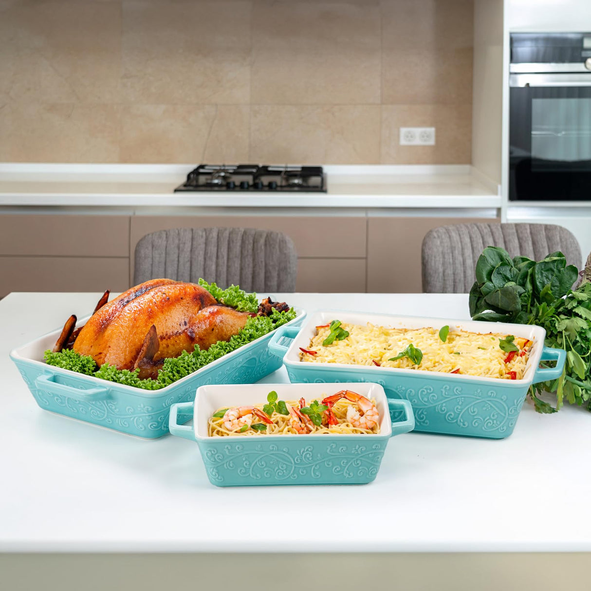 Okllen Set of 3 Casserole Dishes for Oven, Ceramic Baking Dishes with Handles, Rectangular Lasagna Pan Bakeware Set for Baking Cooking, Roasting, Broiling, Gratin, Wedding & Housewarming Gift, Blue Okllen