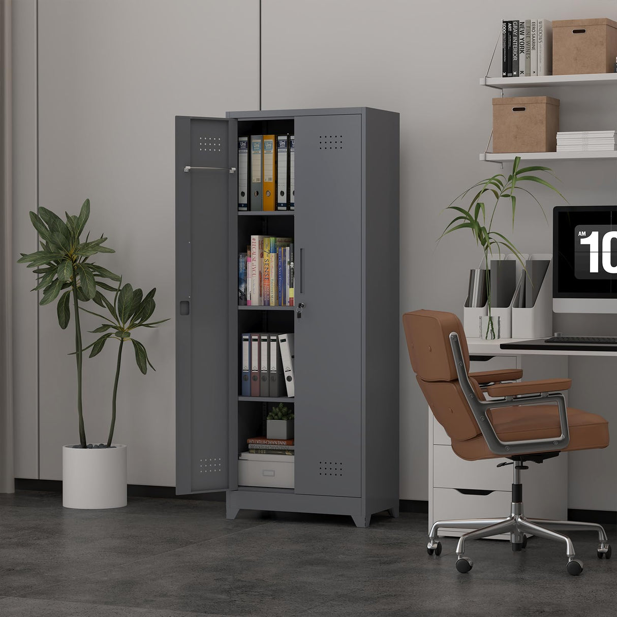 FATIGOS 65''H Broom Closet Storage Cabinets, Metal Utility Closet Storage Cabinet, Indoor Cleaning Cabinet with Adjustable Shelves and S-Hooks for Bathroom,Garage FATIGOS