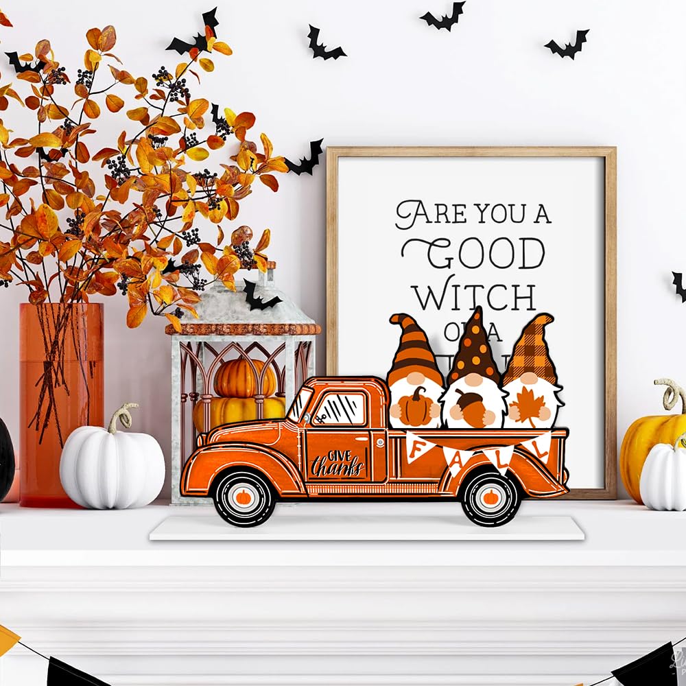 DULEFUN Halloween Fall Wooden Table Sign Decorations Double-sided Halloween and Thanksgiving Gnome Truck Sign Tabletop Ornaments for Autumn Harvest Party Home Farmhouse Decorations Supplies DULEFUN
