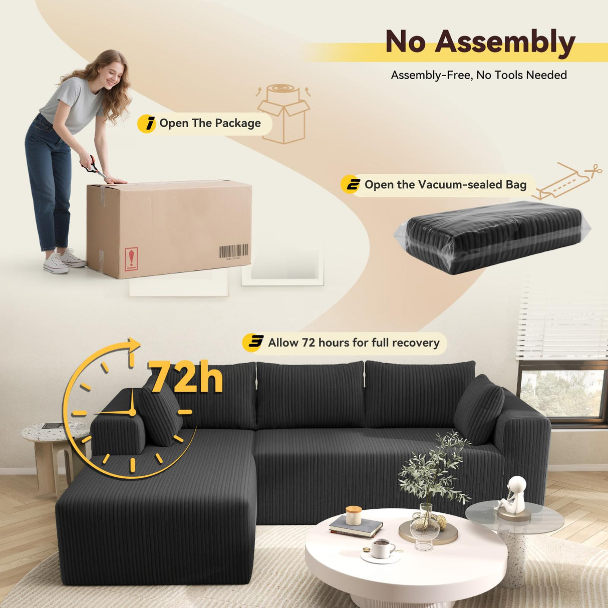 Mvpipi Boneless Couches for Living Room, L-Shaped Cloud Couch with Oversized Chaise, Modular Sectional Couch w/Deep Seat, Corduroy Comfy Sofa, No Assembly Couches for Bedroom & Apartment, Black Mvpipi