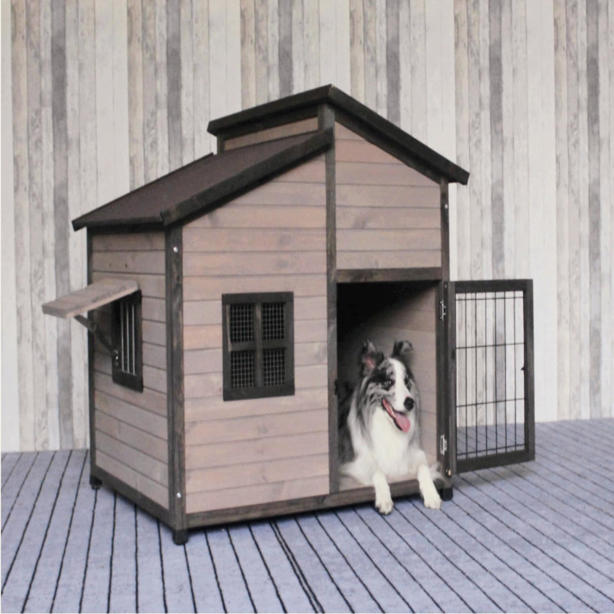 YAOYEENPR Large Insulated Outdoor Dog House for Large Breed Dogs, Weatherproof Wooden Dog Shelter with Elevated Floor and Asphalt Shingles Roof YAOYEENPR