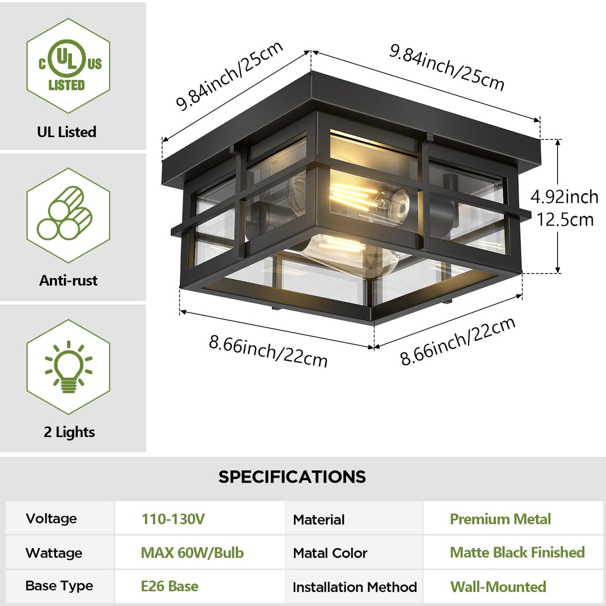 Asnxcju Modern Outdoor Ceiling Light Fixtures, 2-Light Black Flush Mount Light Fixtures with Clear Glass Shade, Farmhouse Square Ceiling Lighting for Porch Bathroom Kitchen (Bulbs Not Included) Asnxcju