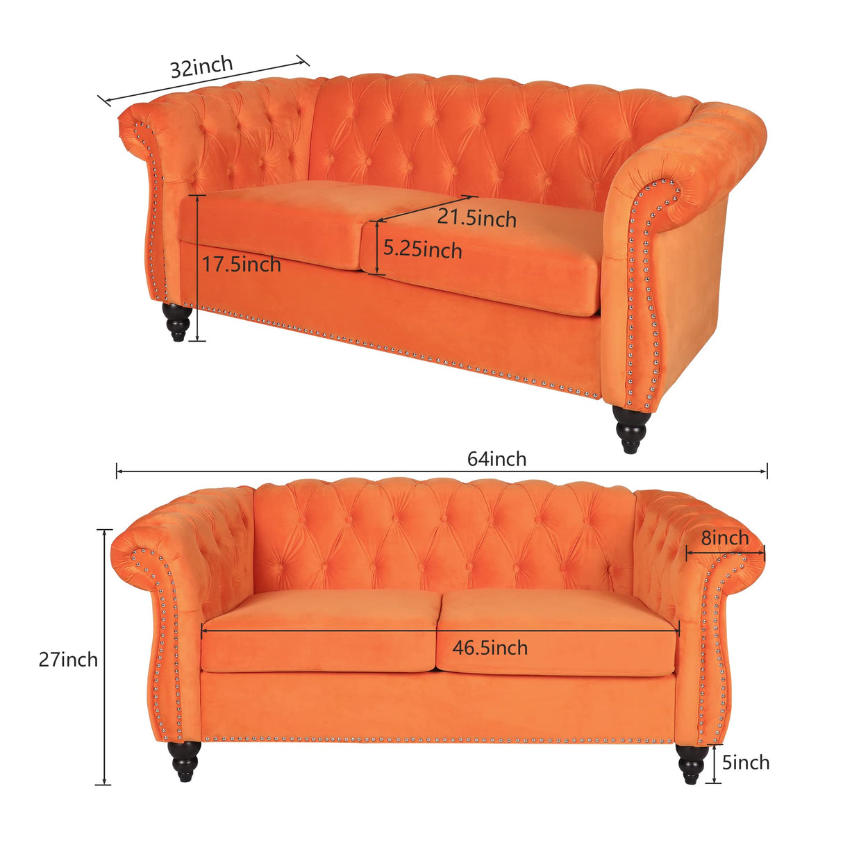 RARZOE Traditional Chesterfield Loveseat Sofa, Modern Vintage Chesterfield Button Tufted Velvet Couch with Nailhead Trim Scrolled Arms for Living Room Bedroom Office(Orange) RARZOE