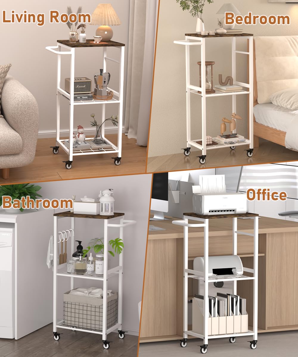 Sungaryard 3-Tier Rolling Kitchen Cart Microwave Stand on Wheel, Movable Coffee Bar Cart with Metal Handle, Bakers Rack with 8 Hooks Utility Cart for Living Room, Bedroom, Bathroom, Office, White Sungaryard