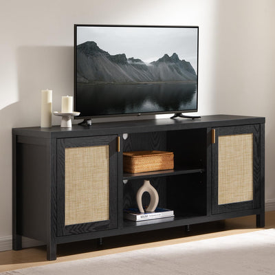 SICOTAS Rattan TV Stand for Living Room - 26" Tall Farmhouse Entertainment Center with Storage and Wicker Door, Media TV Console Cabinet for TVs Up tp 65 Inch, Black Oak