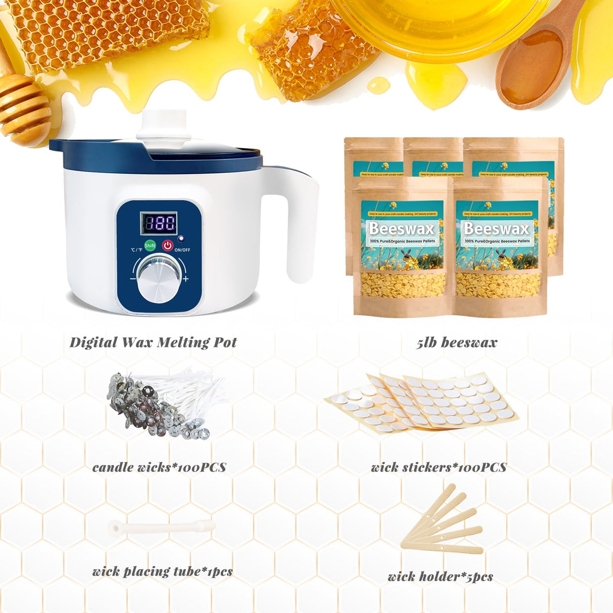 KQU Beeswax Candle Making Kit for Adults, 5lb Beeswax, LED Display Wax Melter, Cotton Wick, Wick Stickers KQU