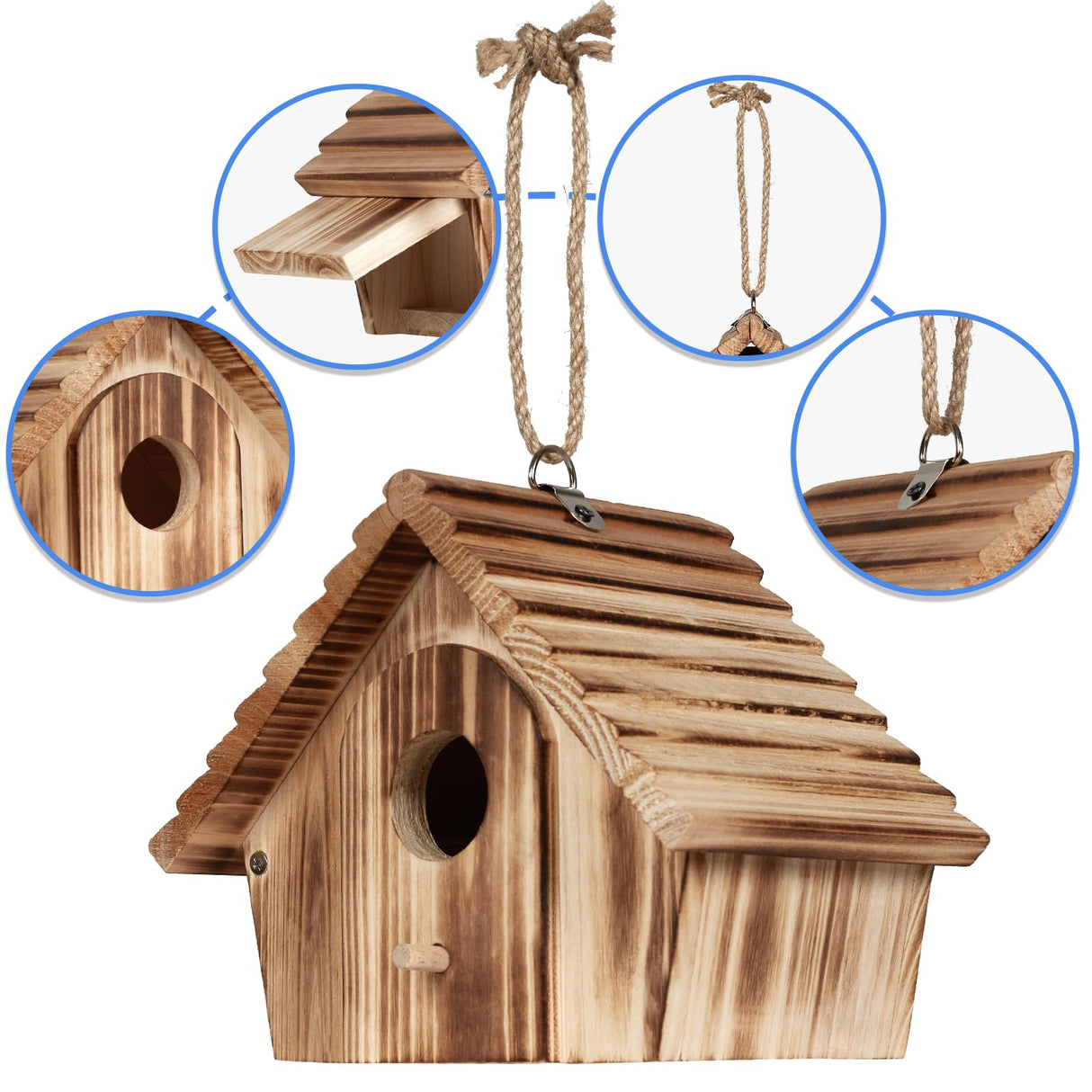 NATUREYLWL Bird House for Outside - Hanging Outdoor Birdhouse - Natural Wood Bird Nesting Box for Bluebirds, Hummingbirds, Finches, Wrens, Cardinals - Easy to Clean & Durable Garden Bird Shelter NATUREYLWL