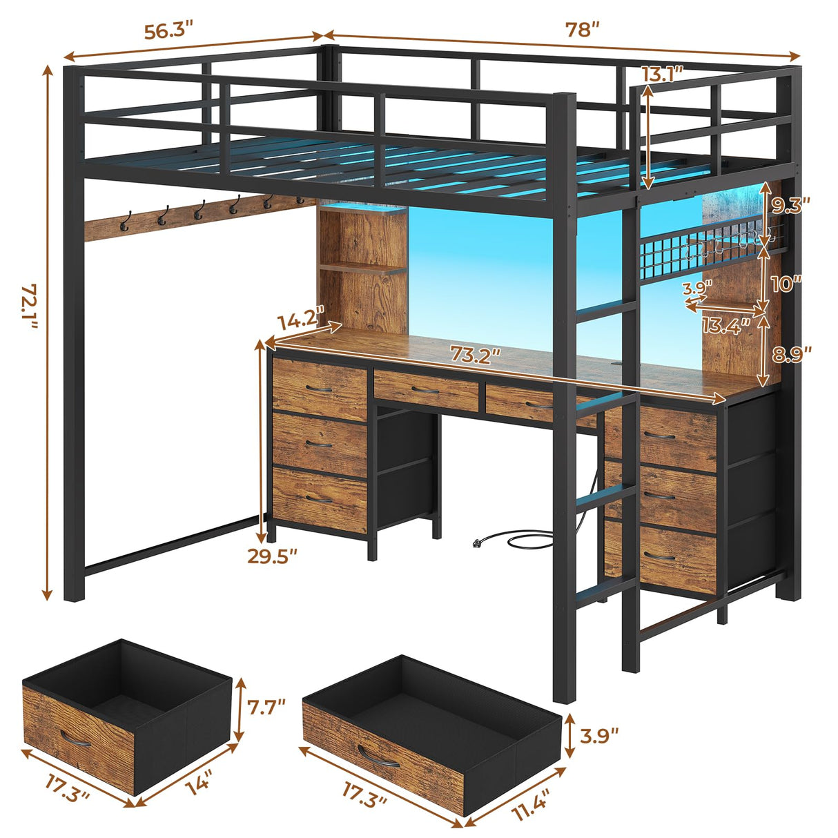 BTHFST Loft Bed with Desk, Full Metal Loft Bed with 8 Drawers Storage & Charging Station & LED Lights, 4 Open Storage Shelves, Noise-Free, Space-Saving, No Box Spring Needed BTHFST