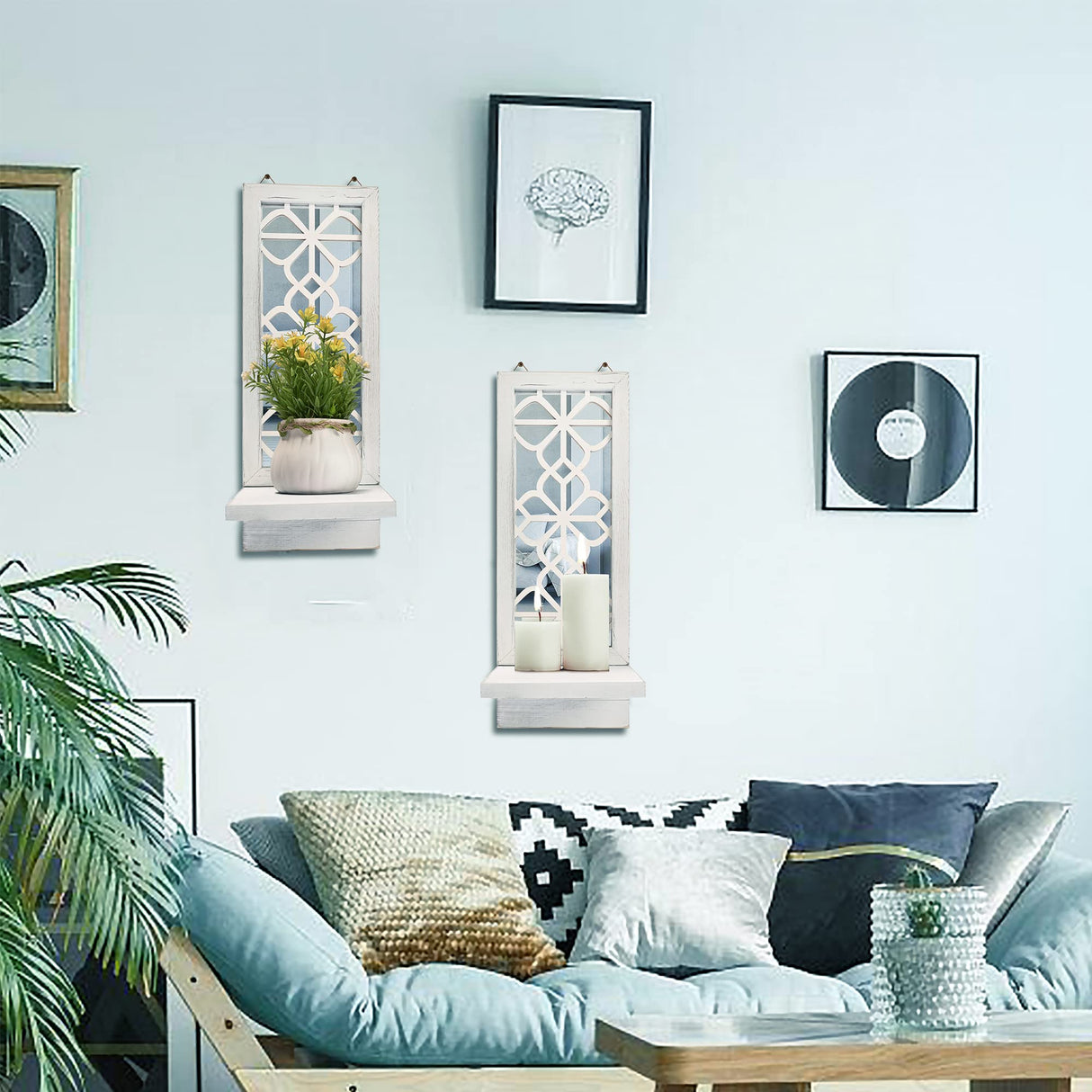 Yorkmills Candle Sconces Wall Decor Set of 2, Wall Candle Holder Rustic Home Decor, Farmhouse Wall Art Floating Mirror Sconces White Wall Decorations for Living Room, Dining Room, Bedroom, Bathroom Yorkmills