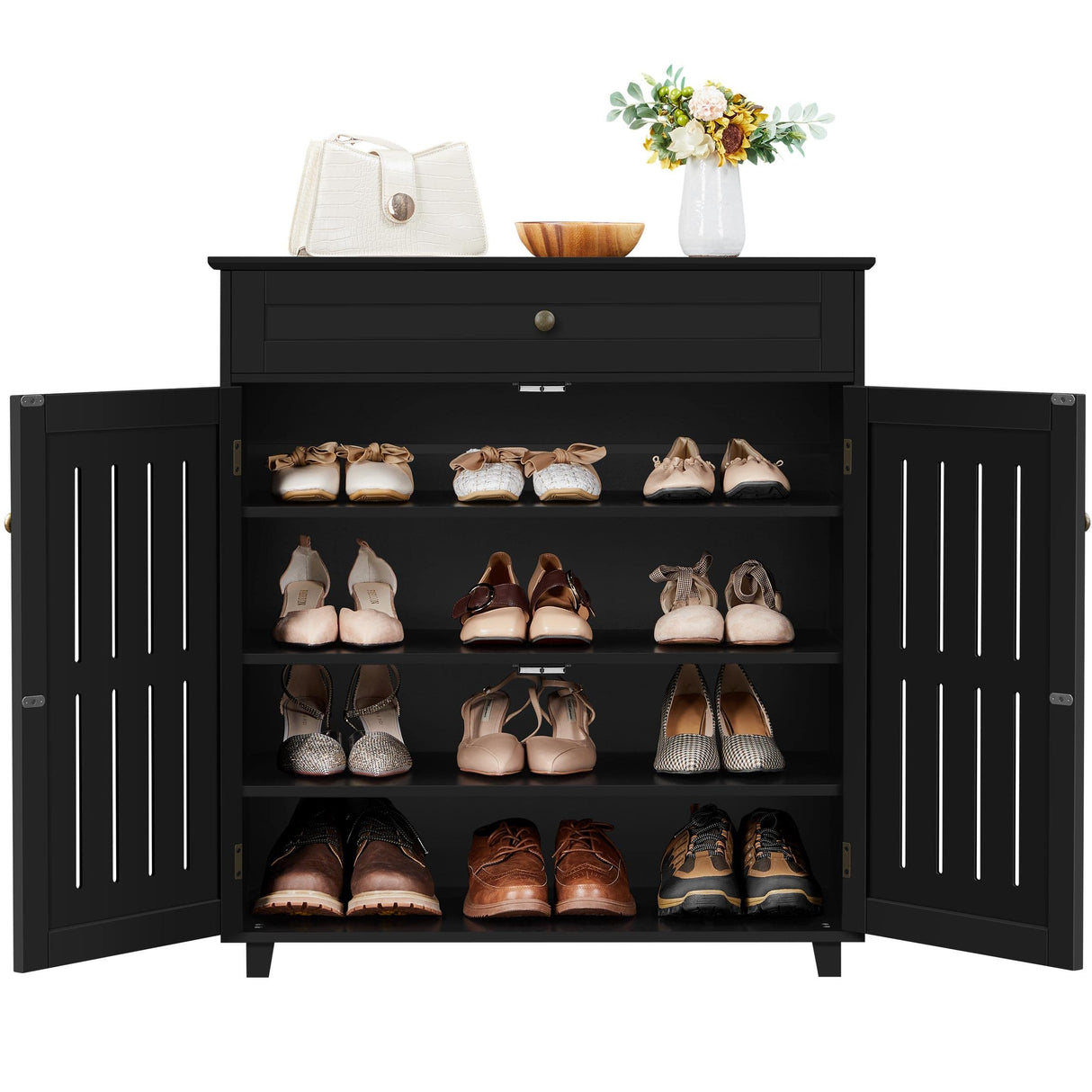Yaheetech Shoe Cabinet, 4-Tier Shoe Storage Cabinet with Drawer & Adjustable Shelves, Wooden Shoe Rack Organizer with Louvered Doors for Entryway, Hallway, Bedroom, Closet, Living Room, Black Yaheetech