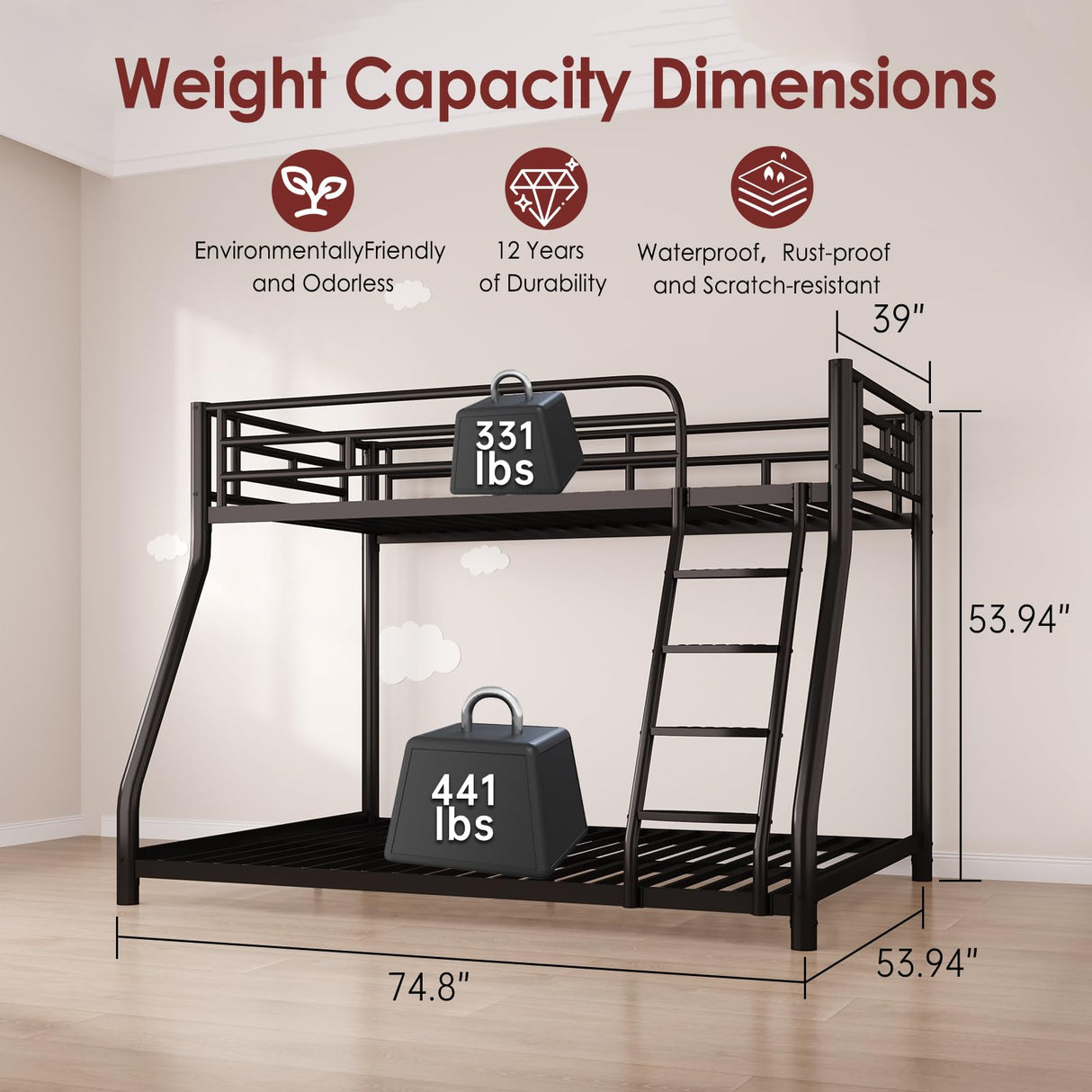 AUEYTVR Metal Twin Over Full Size Bunk Bed for Adults & Kids,Twin Over Full Bunk Beds, Low Profile Bunkbeds with Length Guardrail and Ladder, No Box Spring Needed,Space Saving,Black AUEYTVR