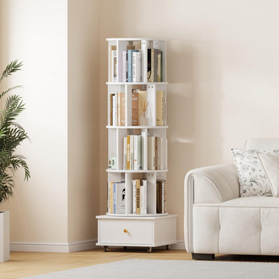 LMSXG-MZ 360° Rotating Bookshelf with Metal Wheels & Drawers for Living Room, Bedroom, Space-Saving Bookcase Organizer & Large Capacity Display Rack (4-Tier)