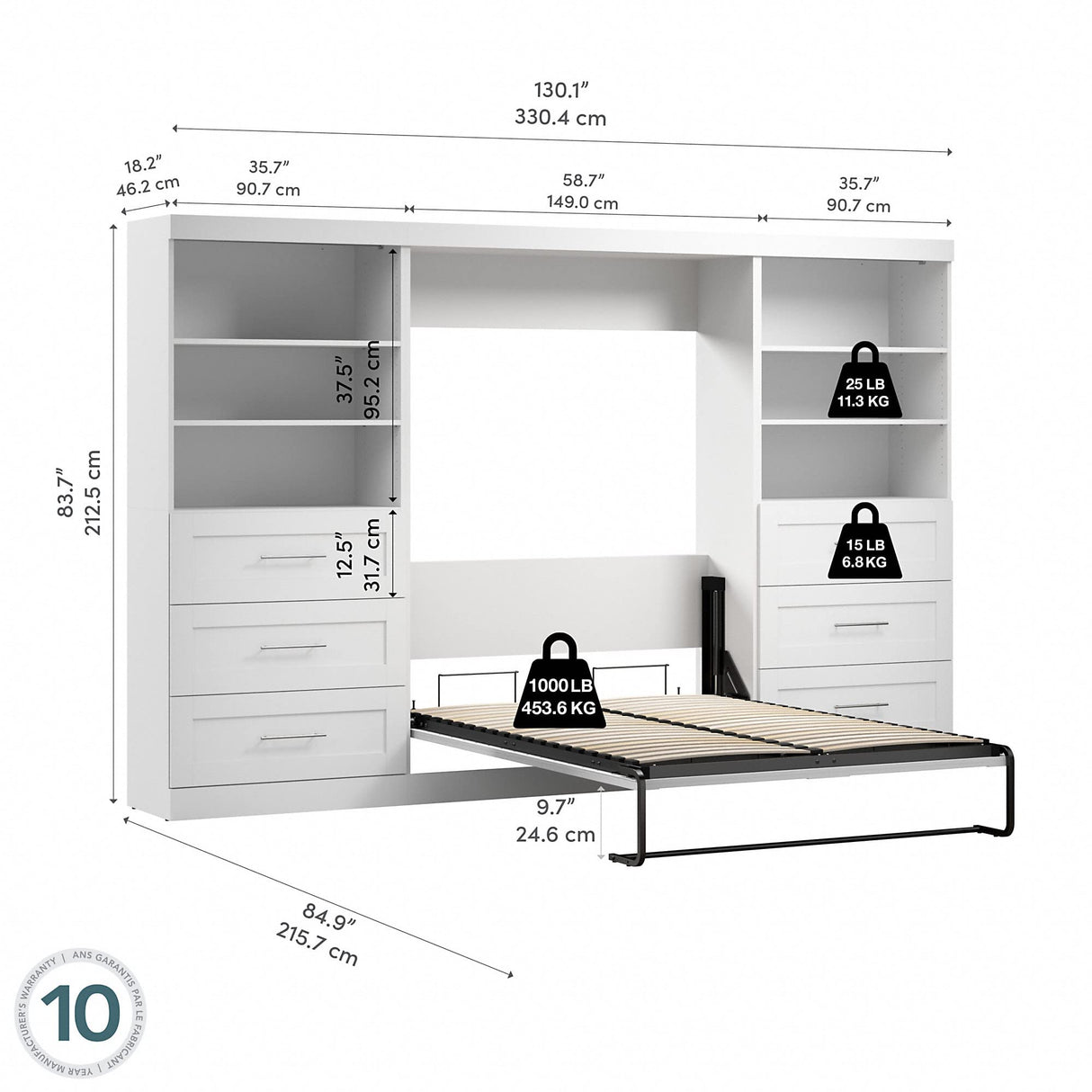 Bestar Pur Full Murphy Bed and 2 Shelving Units with Drawers, 131-inch Space-Saving Wall Bed Bestar