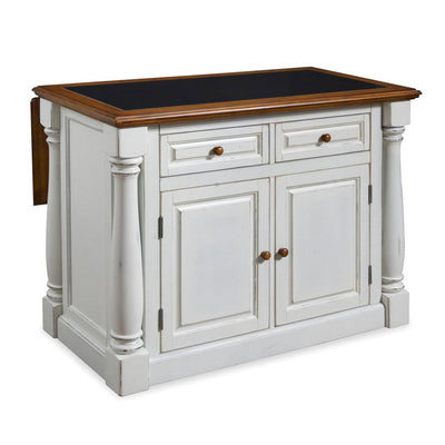 Home Styles Monarch White Kitchen Island with Distressed Oak Top, Black Granite Top Inset, Hardwood, Breakfast Bar, Two Drawers, Two Wood Panel Doors, and Adjustable Shelves