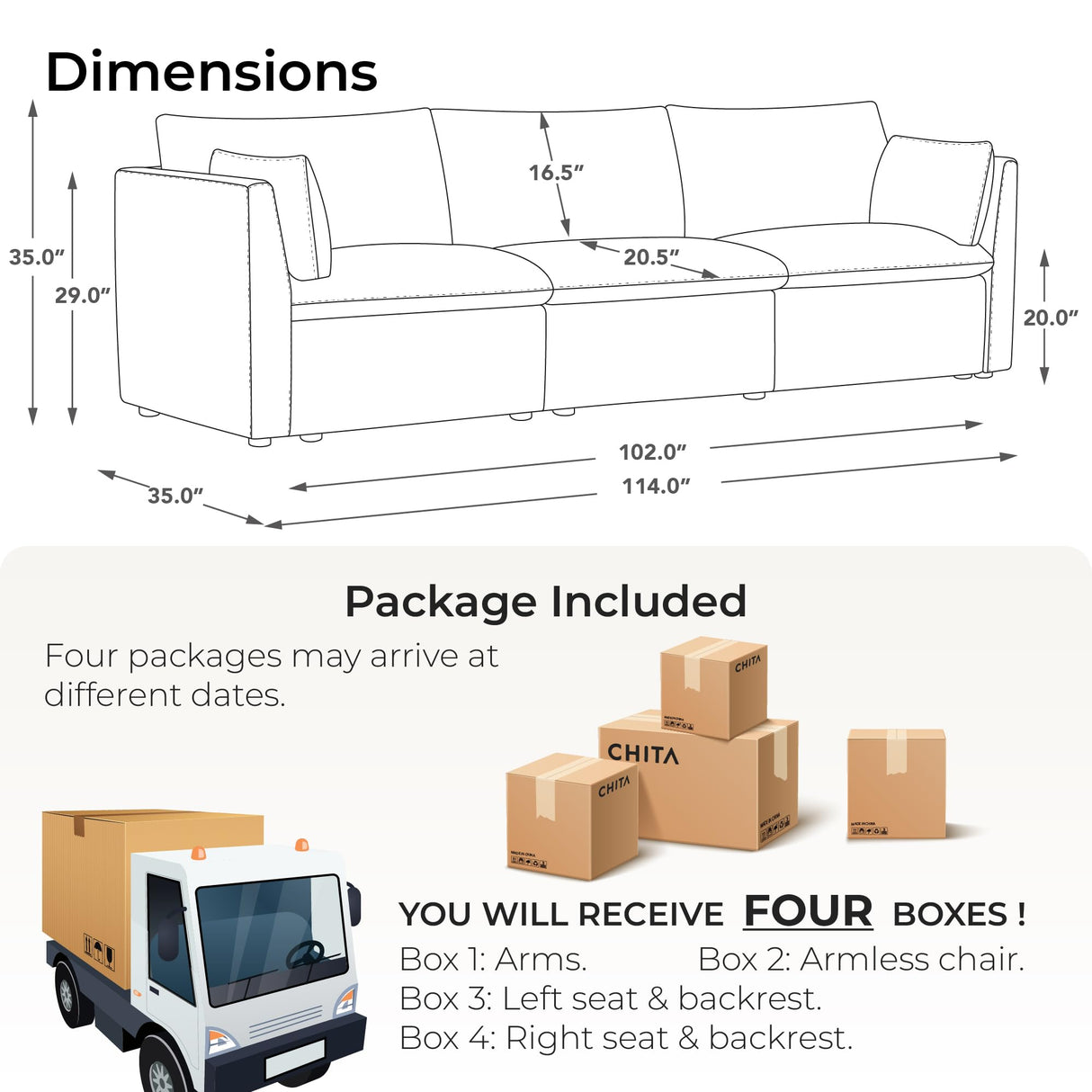 CHITA Sectional Modular Down Filled Sofa, Comfty Feather 3 Seat Cloud Couch, FSC Certified Modern Deep Seat Sectional for Living Room, 114 inch Width,3 Seat Modular Sofa, Cream CHITA