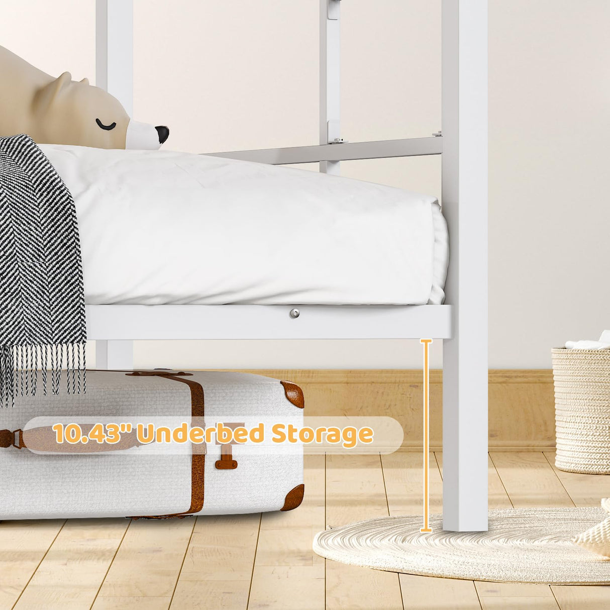 VINGLI Bunk Bed Twin Over Twin with 15 Inches Extra High Guardrail 2 Deckers Bunk Bed with Stairs & Flat Rungs, Heavy Duty Metal Slats, No Box Spring Needed, White VINGLI