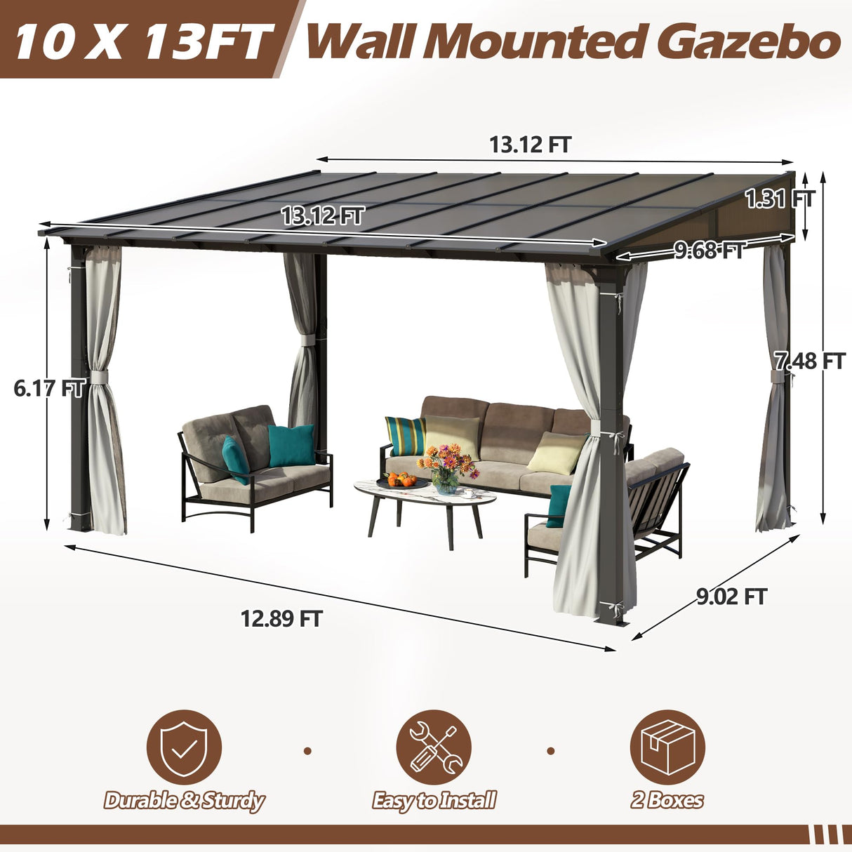 Raysfung 10 x13FT Outdoor Wall-Mounted Hardtop Gazebo, Aluminum Frame Lean to Gazebo with Polycarbonate Roof and Curtains for Patio, Garden, Deck Raysfung