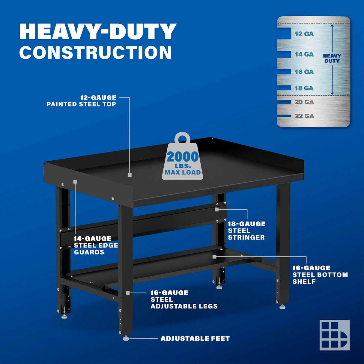 Borroughs 48" Adjustable Workbench, Steel Heavy-Duty Workstation with Bottom Shelf & Edge Guards, 2000 LB Capacity Worktable for Workshop, Garage, School, Office, Home, 48" W x 28" D Borroughs