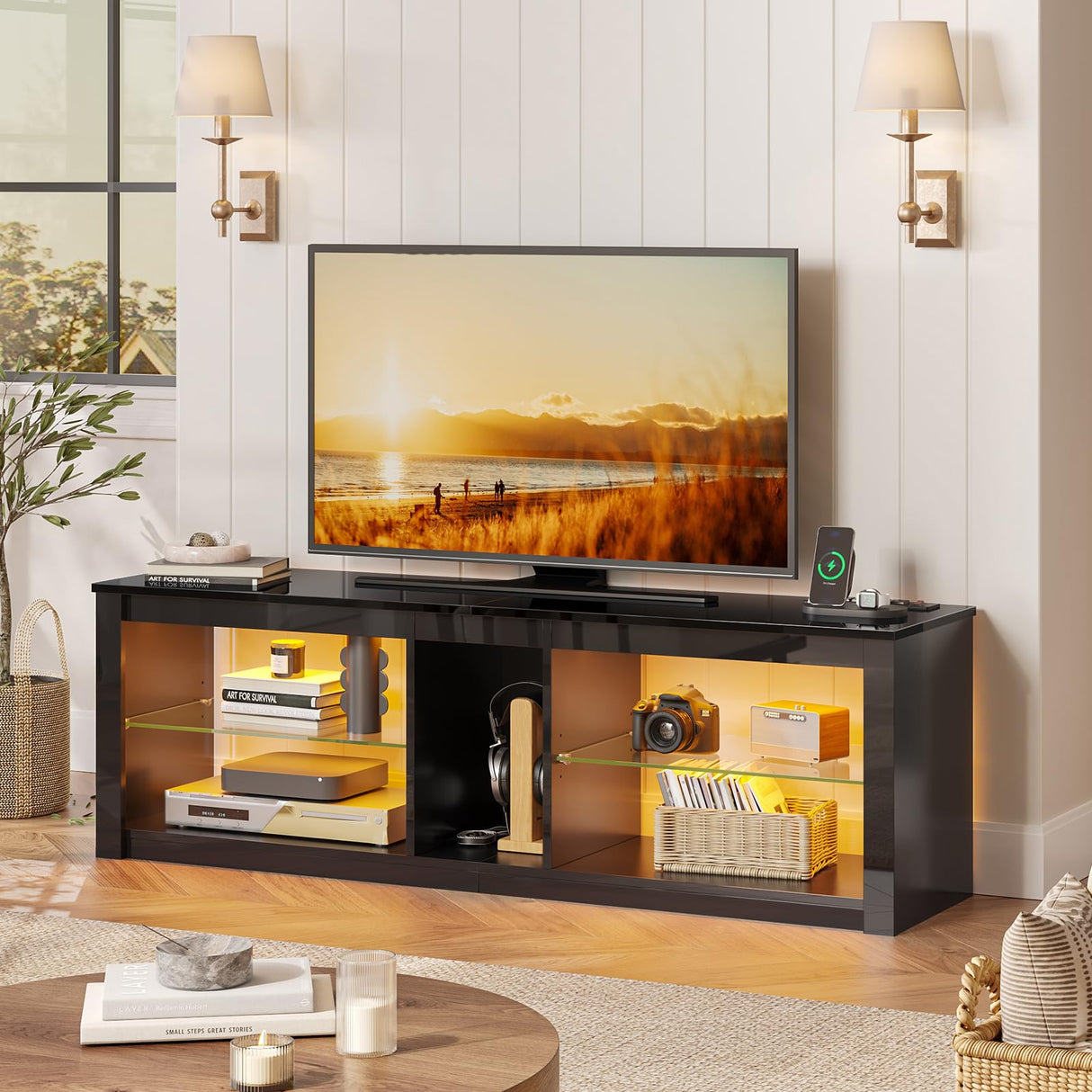 Bestier LED TV Stand for 55/60/65 Inch TV, High Gloss Gaming TV Stand with Power Outlet, Black Entertainment Center with Storage for Living Room, Bedroom, 55 Inch TV Console with Adjustable Shelves Bestier