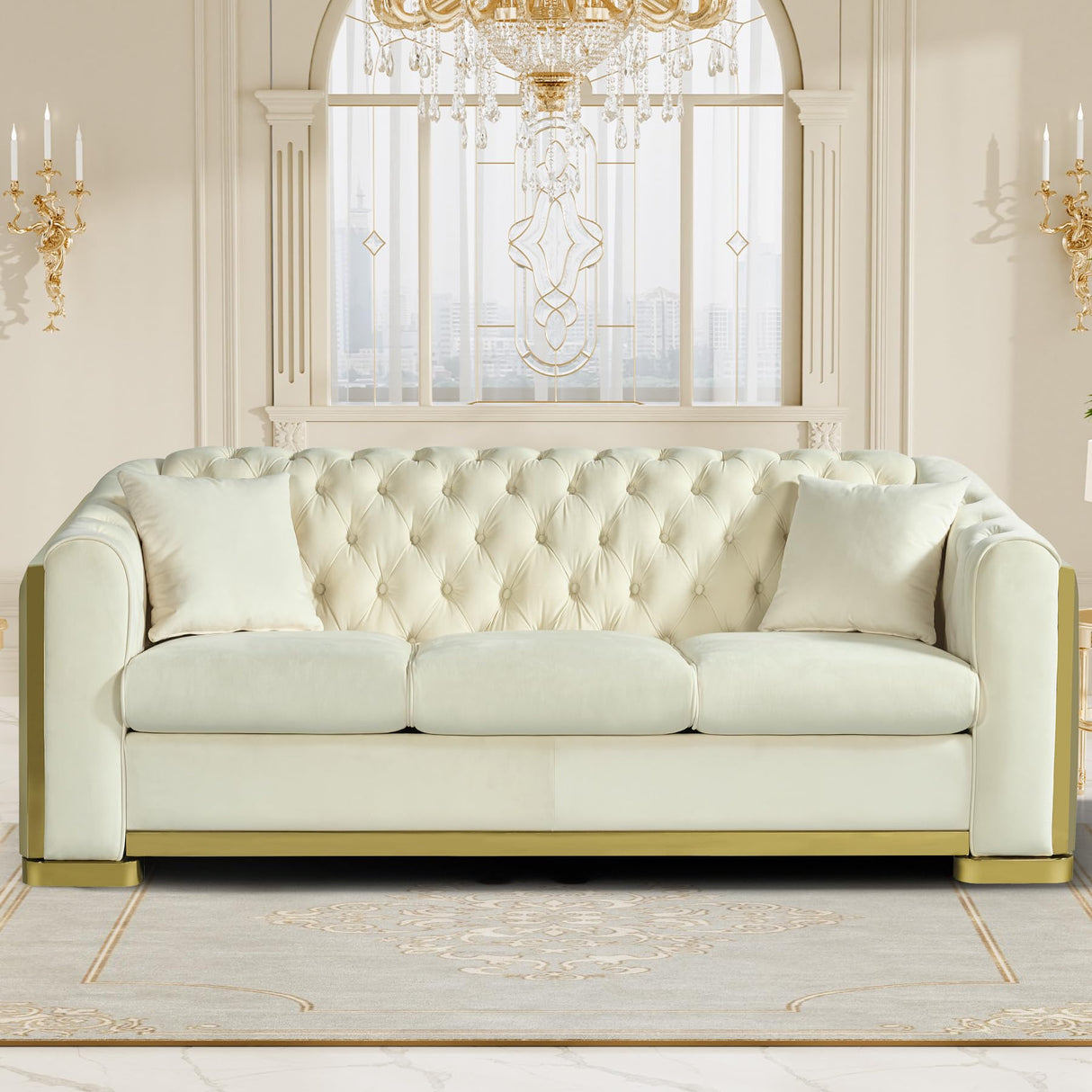 Nolohoo Luxury Velvet Chesterfield Sofa for Living Room, Comfy Mid Century Modern Victorian Couch Curved 3 Seater Deep Seat Couches Tufted Sofas with Gold Legs for Apartment, Cream White Nolohoo