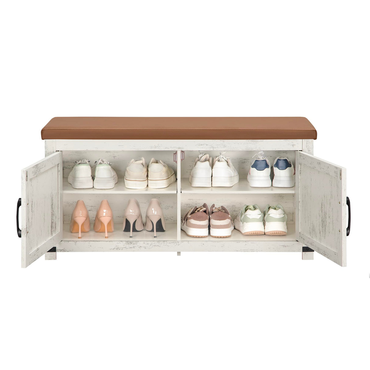 Hzuaneri Farmhouse Shoe Storage Bench, 2 Tier Shoe Bench with Padded Seat Cushion & 2 Barn Doors, Entryway Bench with Adjustable Shelf, Shoe Cabinet for Living Room, Bedroom, Antique White SB26614KA Hzuaneri