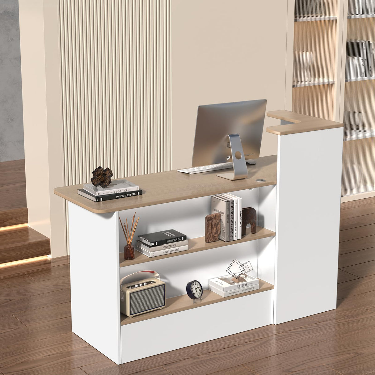 Huariifowm Reception Desk with Counter - Small Reception Desk for Office Counter with Storage Shelves, Drawer & LED Light, for Office, Salon, Store (White+Natural, 59" L * 20" W * 40" H/Left) Huariifowm