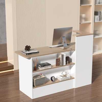 Huariifowm Reception Desk with Counter - Small Reception Desk for Office Counter with Storage Shelves, Drawer & LED Light, for Office, Salon, Store (White+Natural, 59" L * 20" W * 40" H/Left)