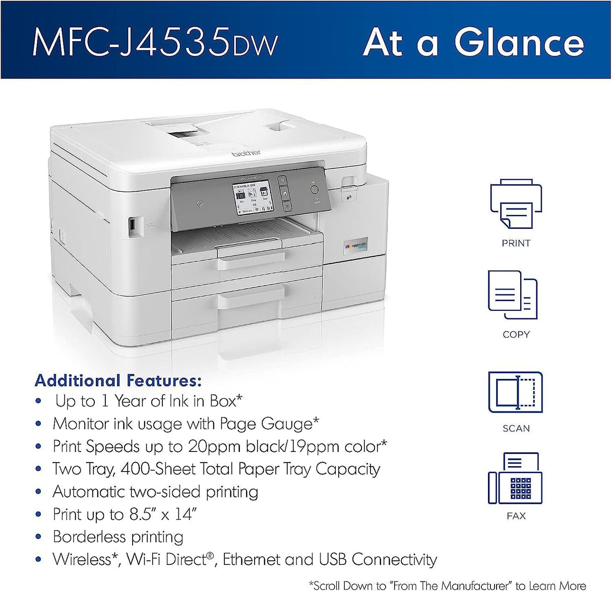Brother MFC-J4535DW INKvestment Tank All-in-One Wireless Color Inkjet Printer - Print Copy Scan Fax - 20 ppm, 20-Sheet ADF, 2.7" Touchscreen Display, 4800 x 1200 dpi, Auto 2-Sided Printing, Tillsiy Brother