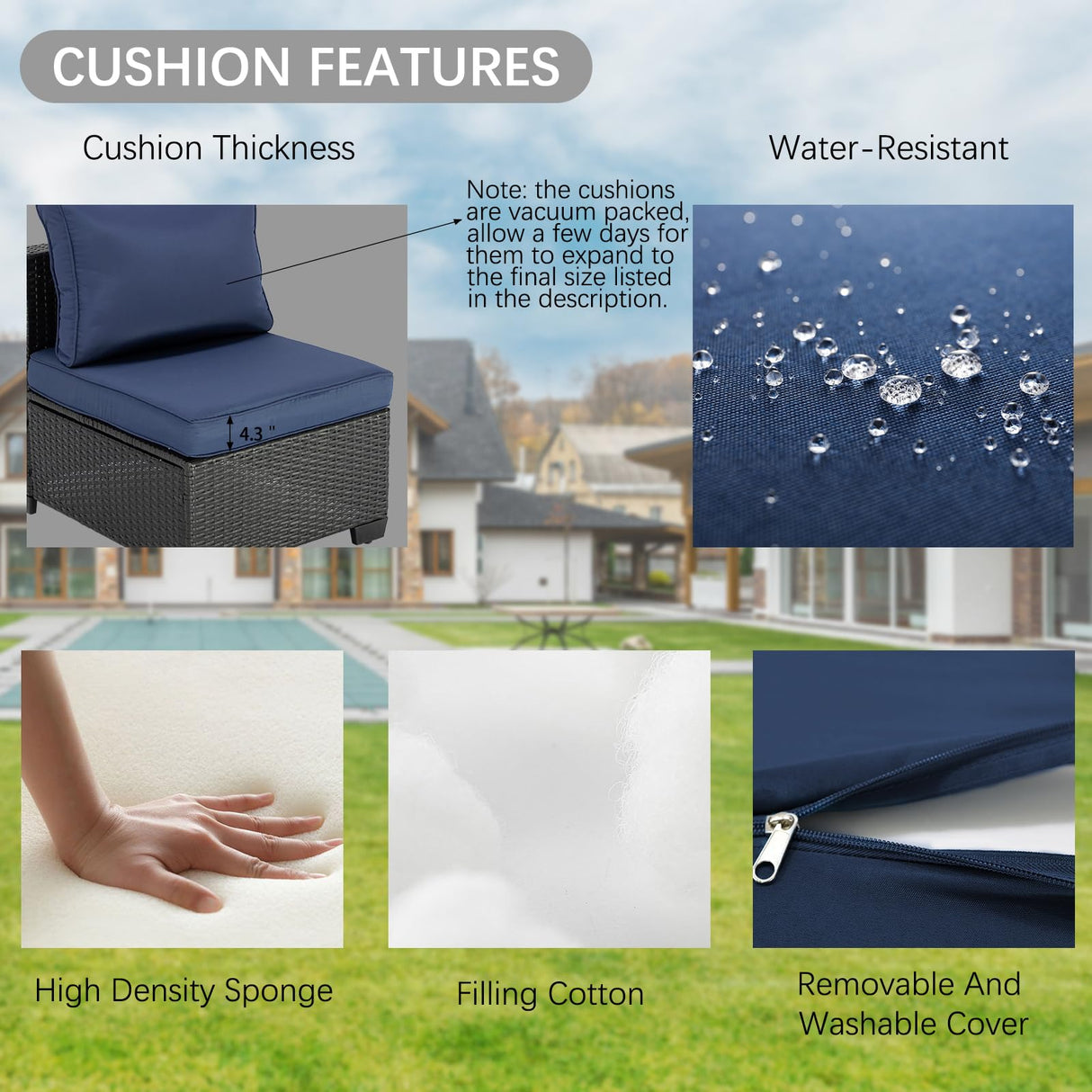 OUGMMGOU 7 Piece Patio Furniture Set, All-Weather Wicker Outdoor Conversation Set with Sectional Sofa, Rattan PE Wicker Seating, Glass Coffee Table, and Cushions (Coffee-Dark blue, Z7) OUGMMGOU