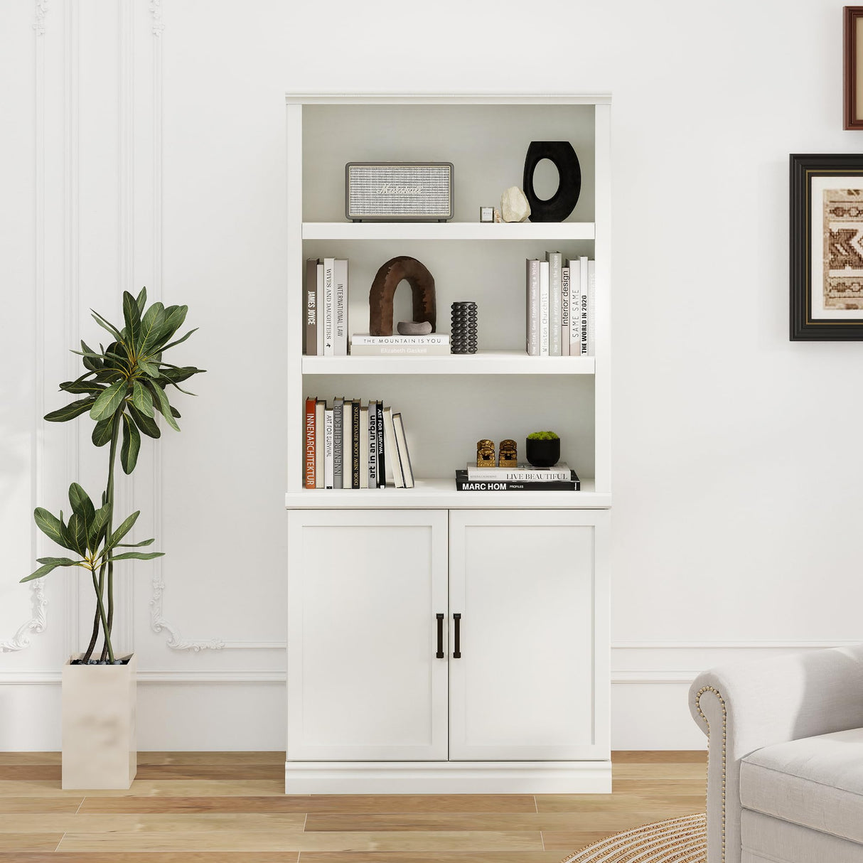 blini 5 Shelf Tall Bookcase with Doors White Bookshelf 31in Wide Display Standing Storage Shelf 72in Tall Wood Book Shelves for Bedroom Living Room Office Library blini