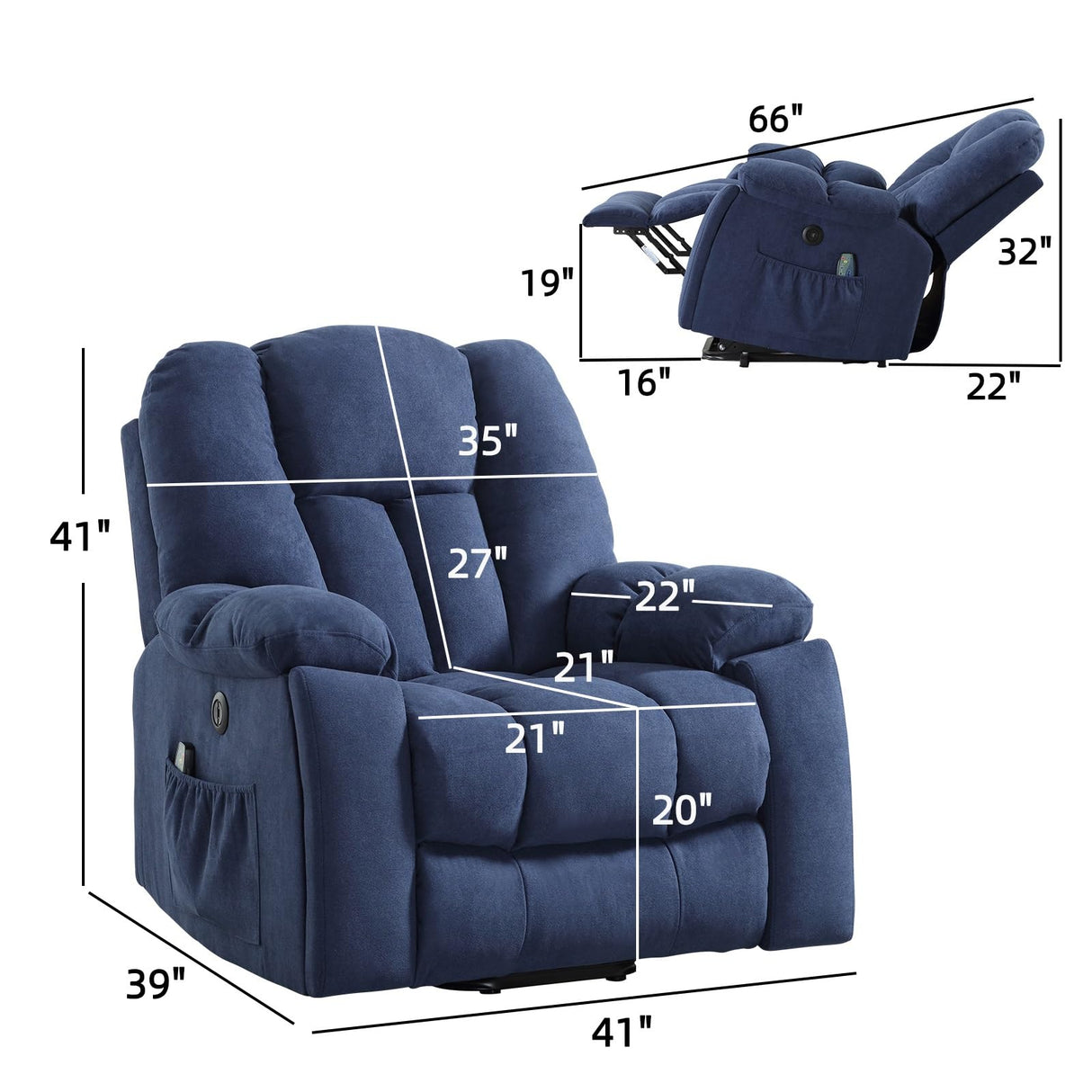 CANMOV Power Lift Recliner Chair with Massage and Heat for Elderly, Overstuffed Wide Recliners, Heavy Duty and Safety Motion Reclining Mechanism with USB Ports, 2 Concealed Cup Holders, Navy Blue CANMOV