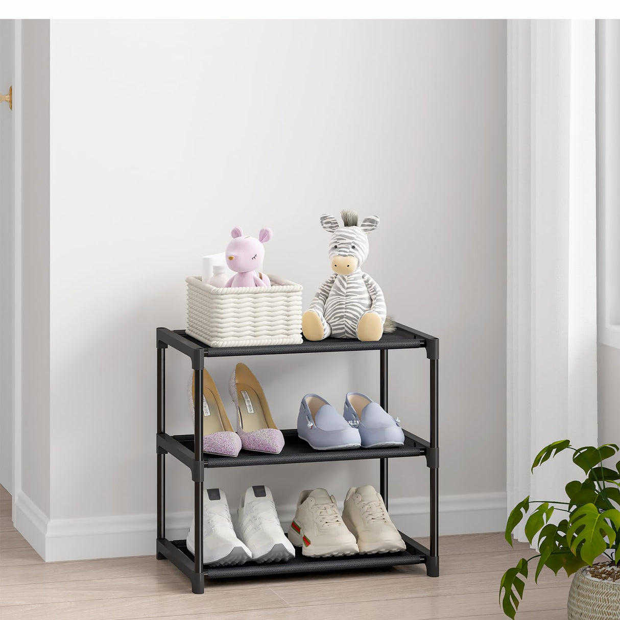 Autonomier 3 Tier Small Shoe Rack, Narrow Stackable Kids Toddler Adult Shoe Storage Organizer Shelf for Closet Floor Front Door Entrance Entryway, Free Standing Shoe Rack Organization Shelves Autonomier