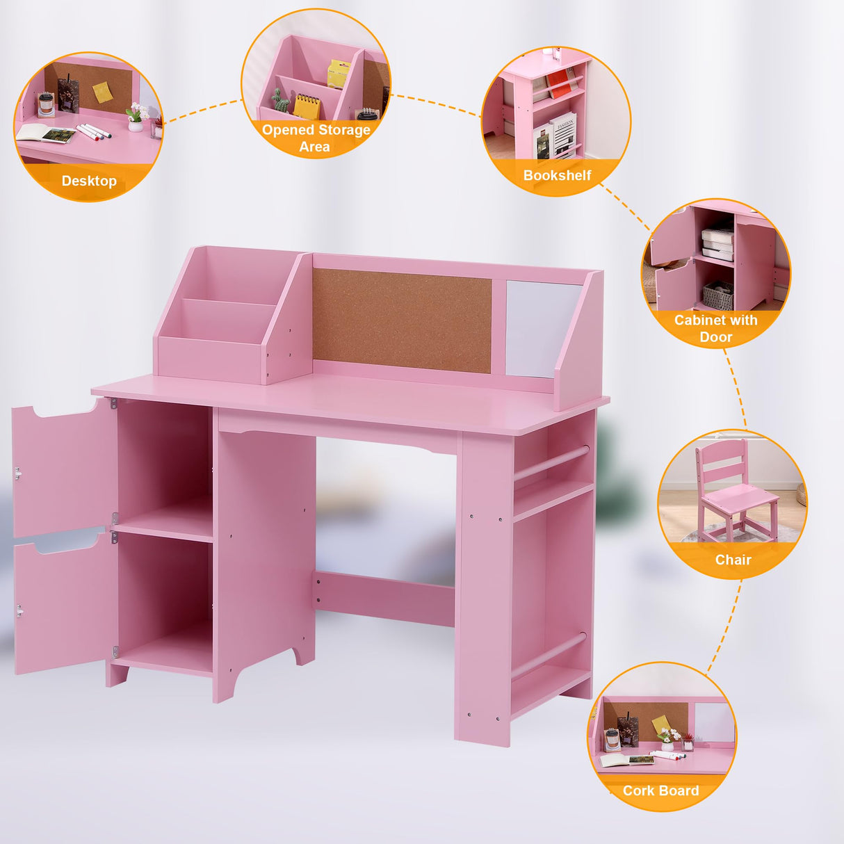 GarveeHome Kids Study Desk and Chair Set, Wooden School Learning Table with Storage, Hutch and Bulletin Board, Children Computer Desk with Chair, Small Toddler Desk for Home, School, Pink GarveeHome