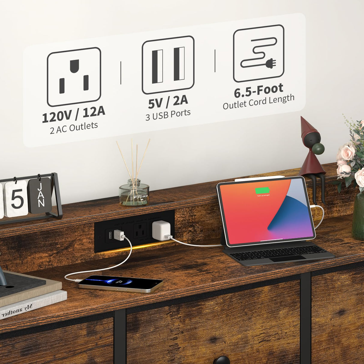 Yoobure Dresser for Bedroom with Charging Station and LED Lights, Tall Dresser TV Stand with 10 Storage Drawers,Fabric Dressers & Chests of Drawers,Wood Dresser for Bedroom Closet Organizer,Brown Yoobure